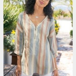Soft Surroundings Isla Striped Tunic Top Womens Size Medium 3/4 Sleeves Gauzy